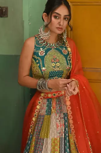 Vibrant multicolor printed French crepe silk fabric designer navratri lehenga