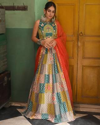 Vibrant multicolor printed French crepe silk fabric designer navratri lehenga 4