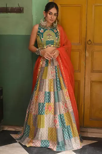 Vibrant multicolor printed French crepe silk fabric designer navratri lehenga