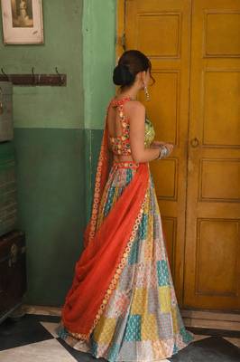 Vibrant multicolor printed French crepe silk fabric designer navratri lehenga 5