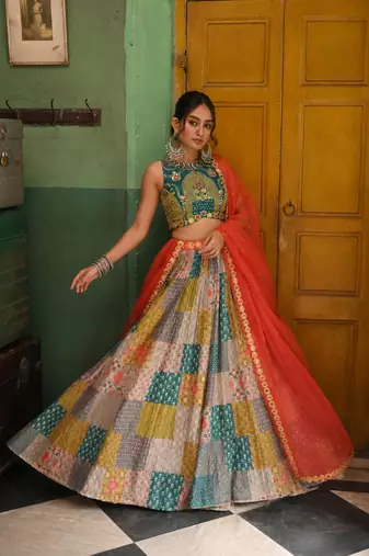 Vibrant multicolor printed French crepe silk fabric designer navratri lehenga