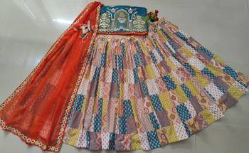 Vibrant multicolor printed French crepe silk fabric designer navratri lehenga 10