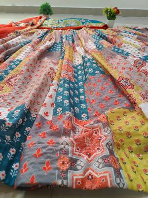 Vibrant multicolor printed French crepe silk fabric designer navratri lehenga 11
