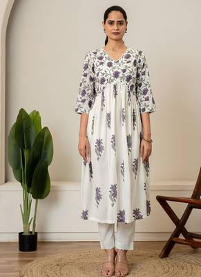 Lavender floral hand block printed cotton kurta pant set 1