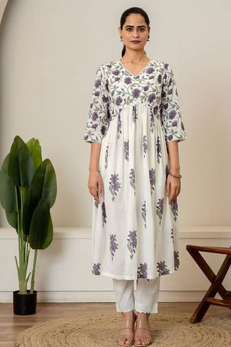 Lavender floral hand block printed cotton kurta pant set