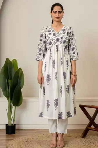 Lavender floral hand block printed cotton kurta pant set