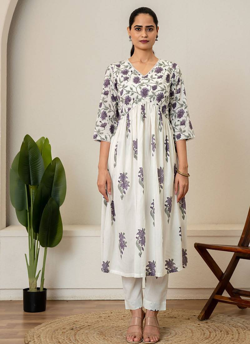 Lavender floral hand block printed cotton kurta pant set