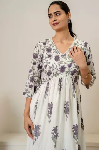 Lavender floral hand block printed cotton kurta pant set