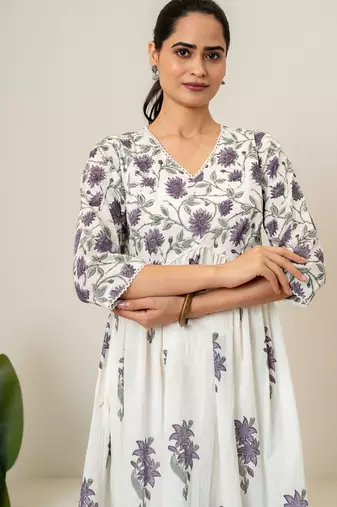 Lavender floral hand block printed cotton kurta pant set