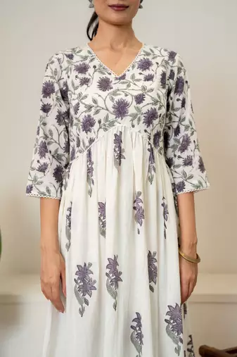 Lavender floral hand block printed cotton kurta pant set