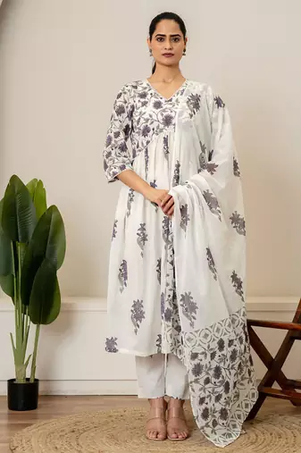 Lavender floral hand block printed cotton suit set