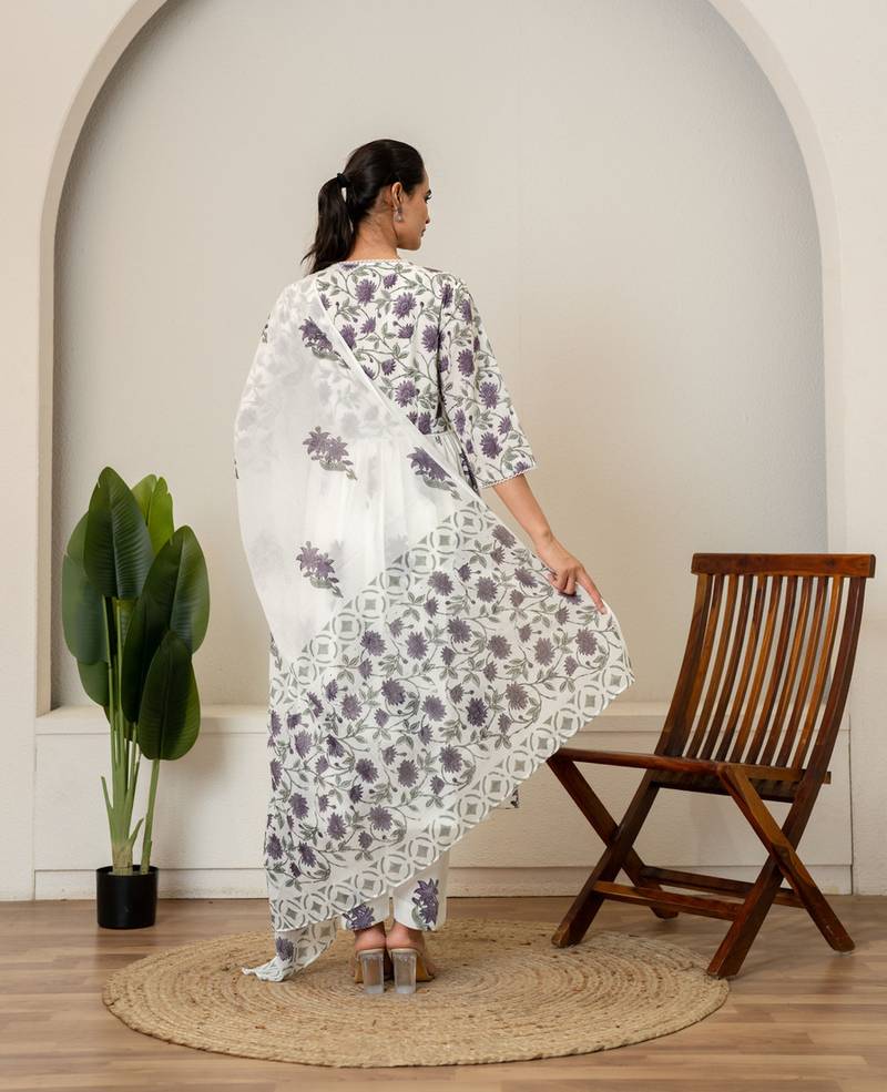 Lavender floral hand block printed cotton suit set