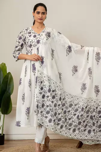Lavender floral hand block printed cotton suit set