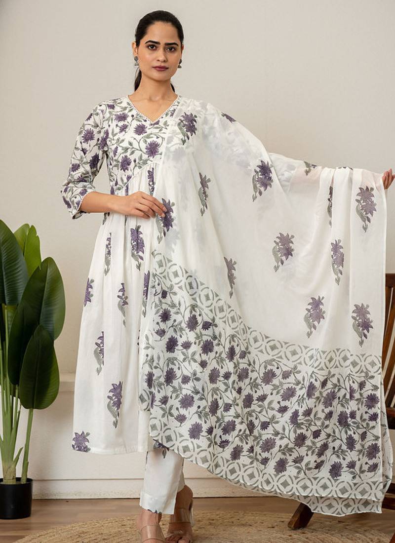 Lavender floral hand block printed cotton suit set