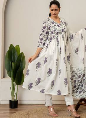 Lavender floral hand block printed cotton suit set 4