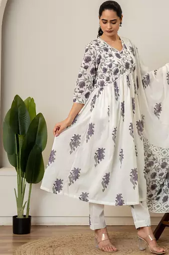 Lavender floral hand block printed cotton suit set