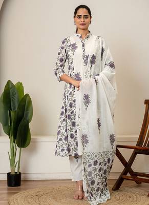 Lavender floral hand block printed cotton suit set 1