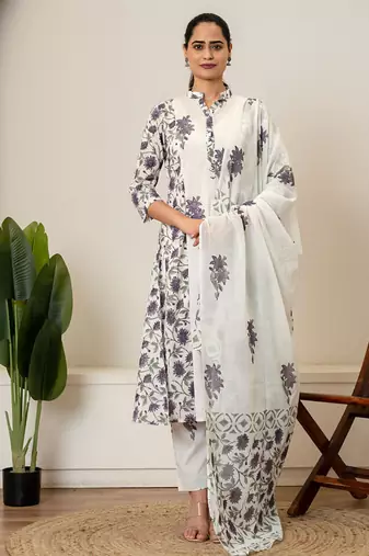 Lavender floral hand block printed cotton suit set