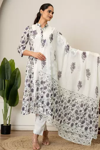 Lavender floral hand block printed cotton suit set
