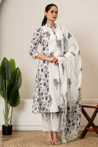 Lavender floral hand block printed cotton suit set