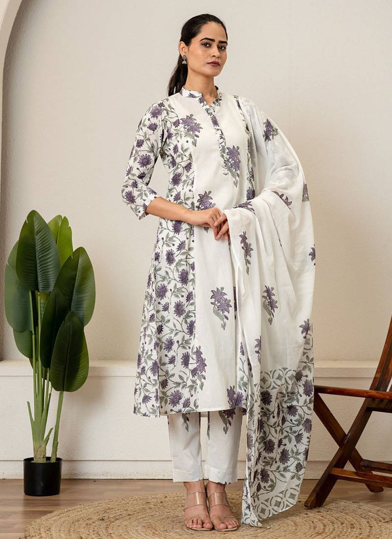 Lavender floral hand block printed cotton suit set
