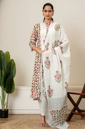 Red floral hand block printed cotton suit set
