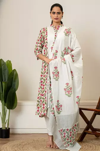 Red floral hand block printed cotton suit set