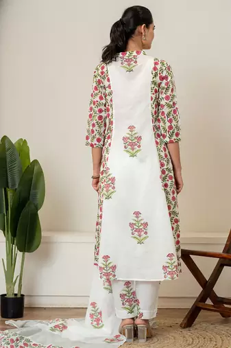 Red floral hand block printed cotton suit set
