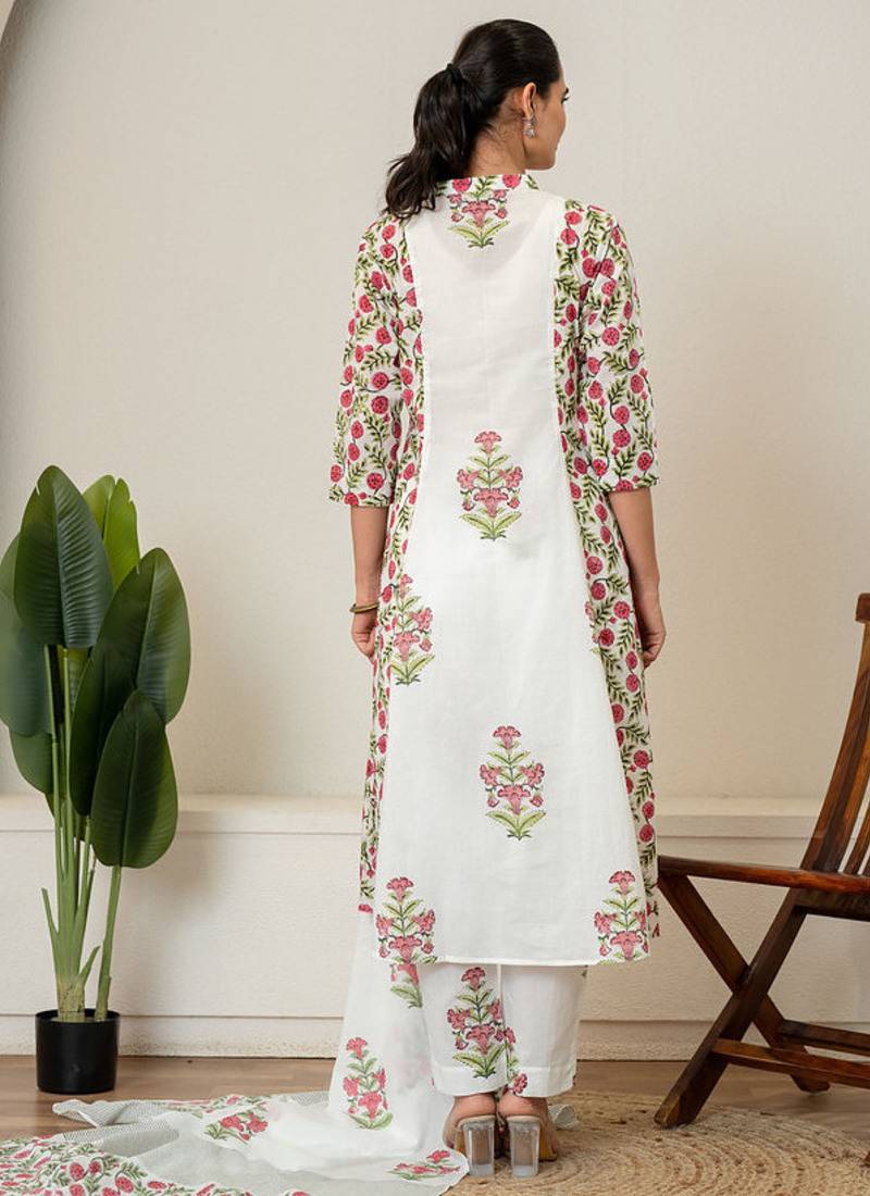 Red floral hand block printed cotton suit set
