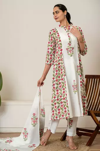 Red floral hand block printed cotton suit set