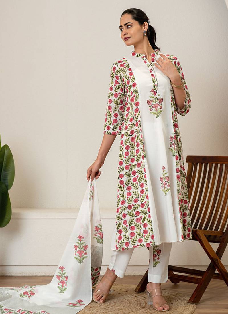 Red floral hand block printed cotton suit set