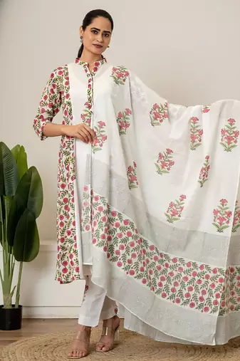 Red floral hand block printed cotton suit set