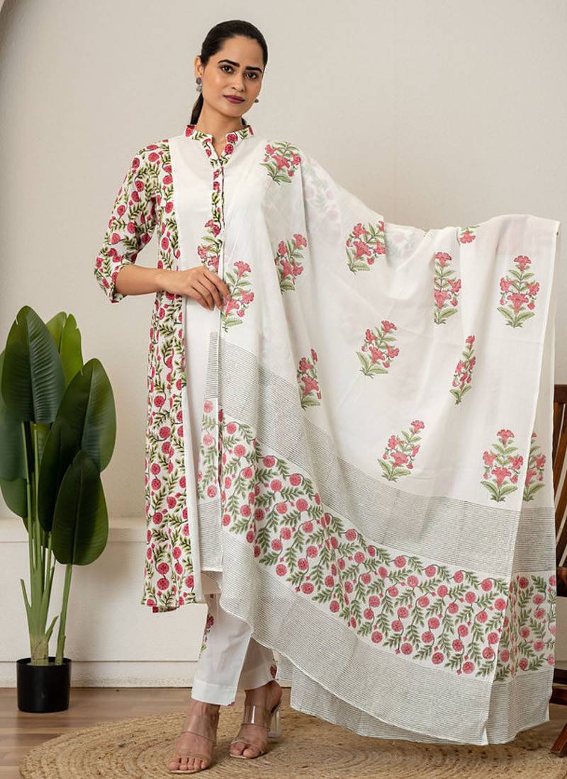 Red floral hand block printed cotton suit set