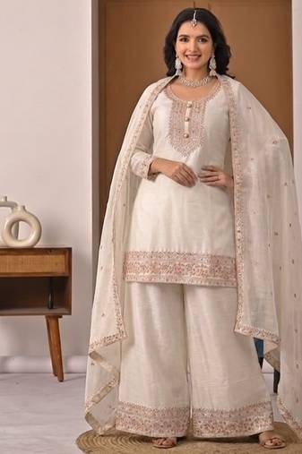 off white embroidery satin silk    full stitched sharara plazo