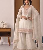 off white embroidery satin silk    full stitched sharara plazo