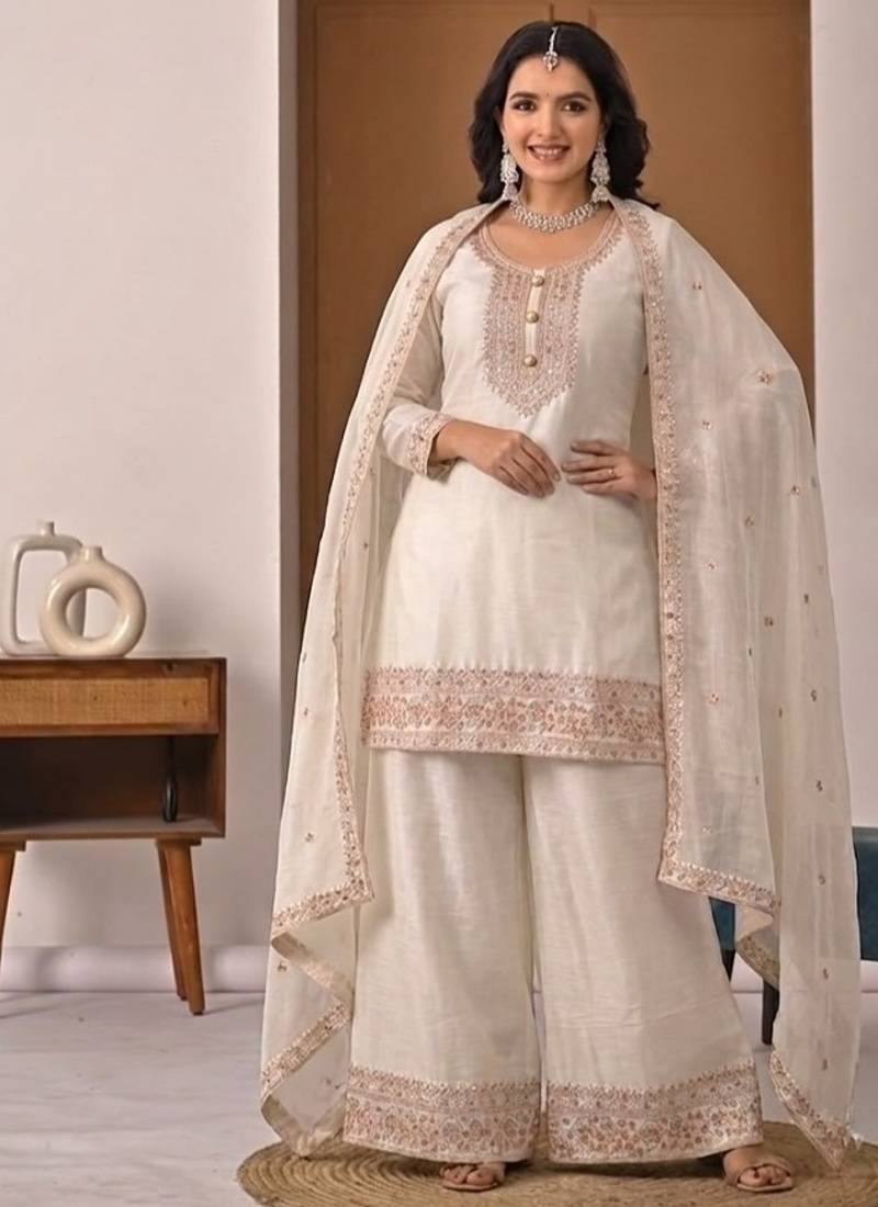 off white embroidery satin silk    full stitched sharara plazo