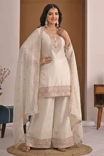 off white embroidery satin silk    full stitched sharara plazo