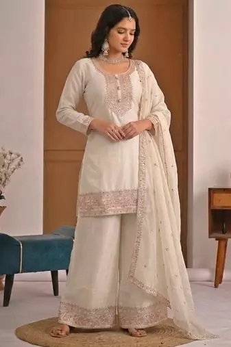 off white embroidery satin silk    full stitched sharara plazo