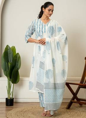 Blue hand block printed cotton suit set 1