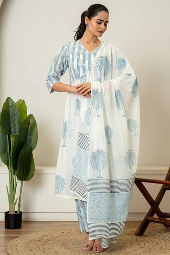 Blue hand block printed cotton suit set