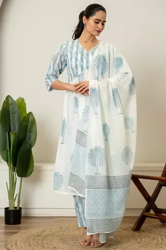 Blue hand block printed cotton suit set