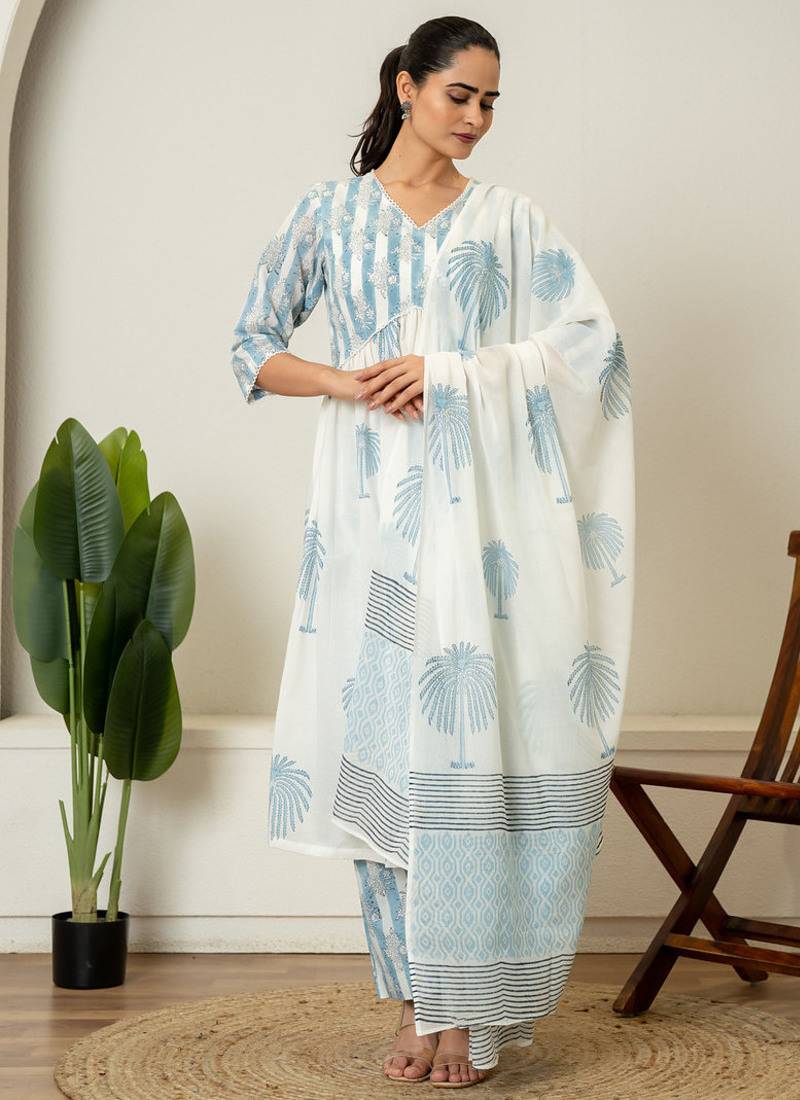 Blue hand block printed cotton suit set