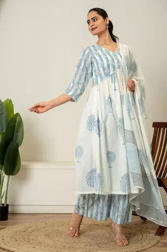 Blue hand block printed cotton suit set