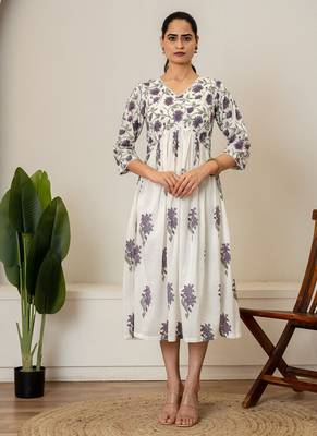 Lavender floral hand block printed cotton dress 1
