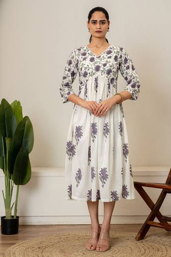 Lavender floral hand block printed cotton dress