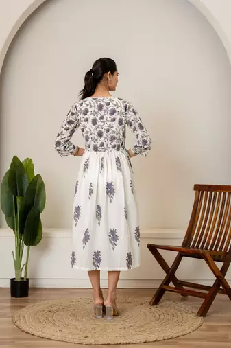 Lavender floral hand block printed cotton dress