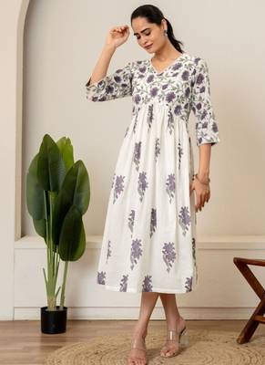 Lavender floral hand block printed cotton dress 3