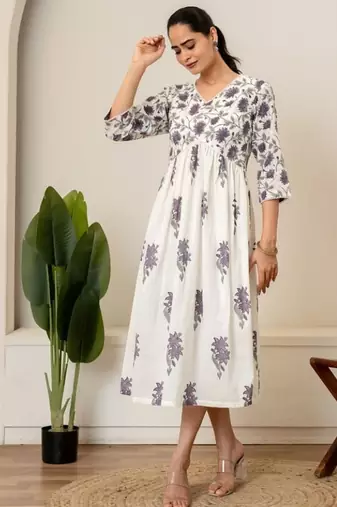 Lavender floral hand block printed cotton dress