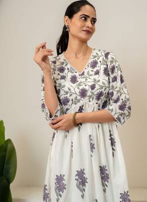 Lavender floral hand block printed cotton dress 4