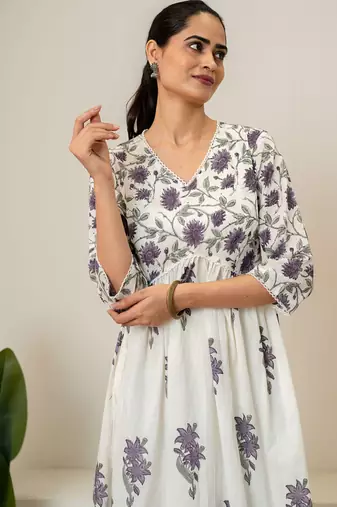 Lavender floral hand block printed cotton dress